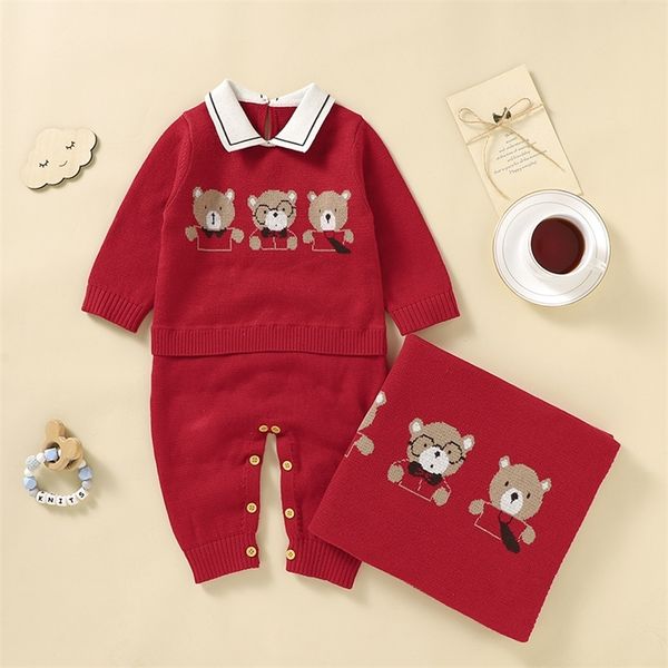 Ensembles de vêtements né bébé vêtements ensemble 100% coton tricoté infantile fille garçon barboteuse couverture mignon ours enfant en bas âge à manches longues combinaison literie couette 220916