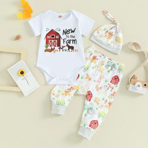 Conjuntos de ropa Born Baby Farm Pants Trajes Niño Niño Niña Carta Casa Imprimir Manga corta Mameluco con animal y sombrero Conjunto