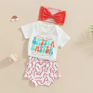 Ensembles de vêtements nés bébé fille vêtements de baseball tenue balle de jeu à manches courtes barboteuse imprimé short bandeau cuet 3 pièces ensemble