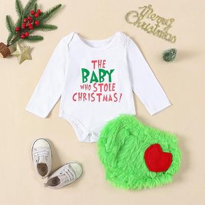 Kledingsets Geboren babymeisje Kerstoutfit die groen monster heeft gestolen Pluche kostuum met lange mouwen Romper Shorts Babyjongenskleding