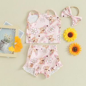 Kledingsets Geboren babymeisjeskleding Vlinder Bloemen Mouwloos tanktop Vest Ruche Bloeiers Shorts Zomeroutfits Set