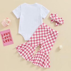 Ensembles de vêtements pour bébés filles, vêtements pour mamans, barboteuse, haut en damier, pantalon à cloche, bandeau, tenues d'été pour nourrissons