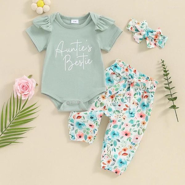 Ensembles de vêtements pour bébés filles, ensemble de vêtements d'été à manches courtes, barboteuse à fleurs, pantalon à fleurs, bandeau, tenue pour nourrissons, 3 pièces