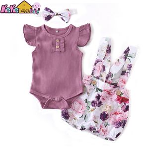 Kledingsets geboren babymeisjeskleding zomer 3 stks outfit set mode mouwloze solide kleur rompers casual overalls hoofdband baby 230522