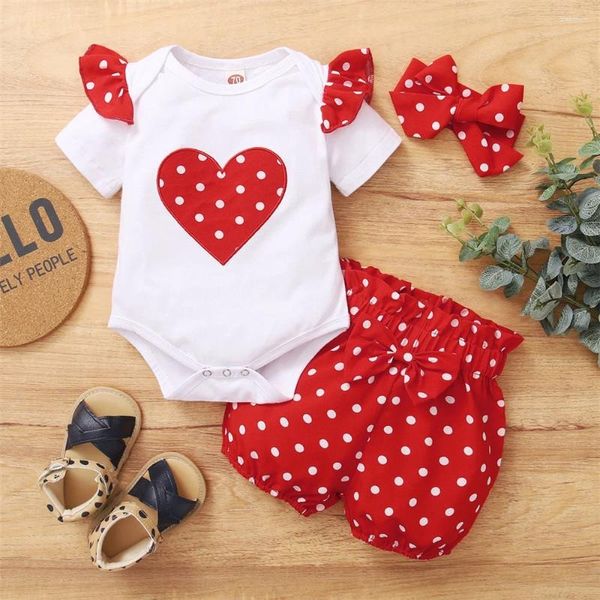 Conjuntos de ropa Born Baby Girl Conjunto de ropa diaria Love Wave Point Top de manga corta Pantalones cortos Diadema Verano Encantador Traje de 3 piezas para 0-18 meses