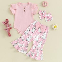 Kledingsets Geboren babymeisje Paasoutfit Korte mouw Geribbelde romper Chick Bell Bottom Broek Hoofdband 3-delige set