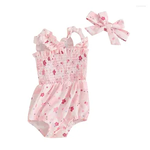 Ensembles de vêtements Né Bébé Fille Tenue de Pâques Dessin animé Oeuf Fleur Imprimer Sans Manches Bulle Barboteuse Et Bandeau Pour Bébé