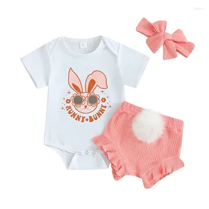 Ensembles de vêtements nés bébé bébé fille de Pâques Hunny à manches courtes à manches courtettes Pompom Shorts bande 3 pcs de vêtements d'été