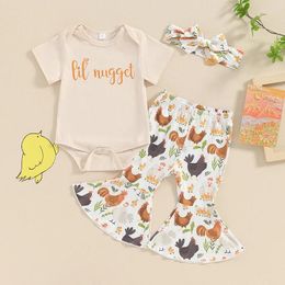 Kledingsets Born Baby Girl Farm Outfit Little Nugget Romper met korte mouwen Kipprint Bell Bottom Broek Hoofdbandset
