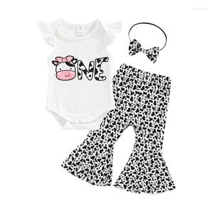 Ensembles de vêtements pour bébés filles, pantalons longs, tenues de dessin animé, imprimé de vache, hauts sans manche, motif de peau, bandeau évasé avec nœud papillon