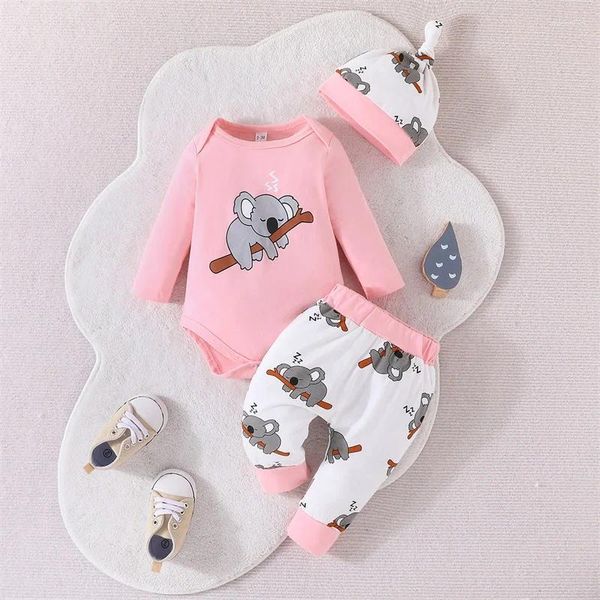 Conjuntos de ropa para bebé recién nacido, trajes de mameluco con estampado de Koala, monos de manga larga con pantalones, gorro, ropa infantil bonita de invierno