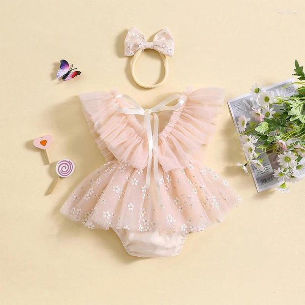 Conjuntos de ropa Born Baby Girl S Romper Vestido con cuello en V Malla sin mangas Mono con diadema Conjunto Infantil 2 piezas Traje de princesa