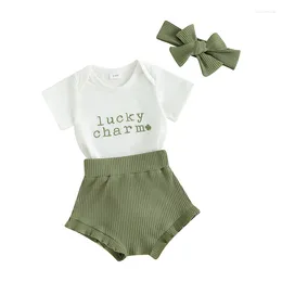 Ensembles de vêtements Né Bébé Fille St Patrick S Jour Vêtements Tenue Trèfle À Quatre Feuilles À Manches Courtes Barboteuse Bas Bandeau Ensemble