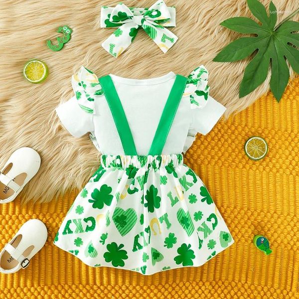 Ensembles de vêtements Né Bébé Fille St Patricks Day Tenue À Manches Courtes Lettre Imprimé Barboteuse Jarretelle Jupe Arc Bandeau 3 Pcs Quatre Feuilles