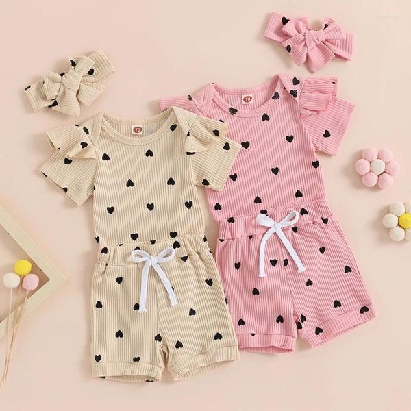 Ensembles de vêtements pour bébés filles, 3 pièces, costume d'été, imprimé cœur, manches courtes, barboteuse, fermeture à pression, short, bandeau, ensemble de vêtements