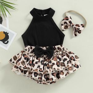 Vêtements de vêtements nés bébé fille d'été 3pieces sans manches halter halter gilet haut de gisement léopard