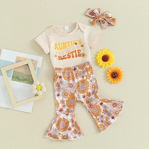 Kledingsets Geboren Baby Meisje Zomerkleding Dwz Korte Mouw Romper Bloemenprint Uitlopende Broek Hoofdband Set 3 6 12 18 Maanden