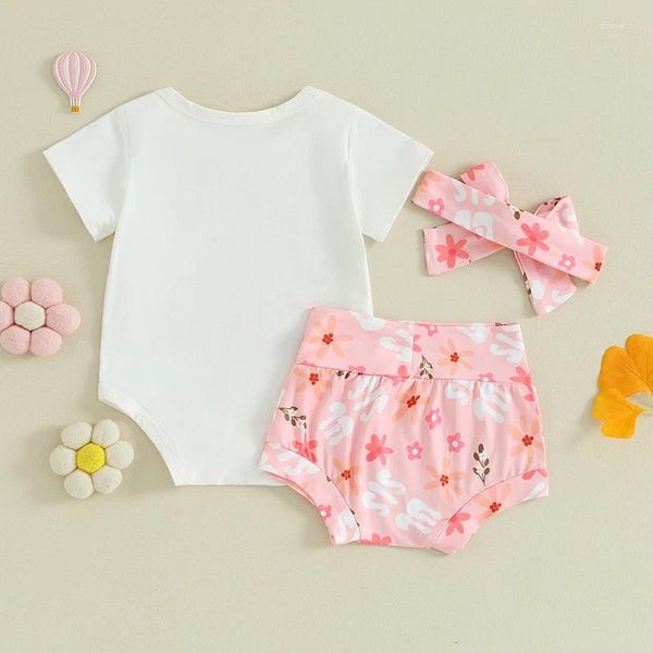 Ensembles de vêtements pour bébés filles, vêtements d'été, lettres imprimées, barboteuse à manches courtes, short fleuri avec bandeau, tenues 3 pièces