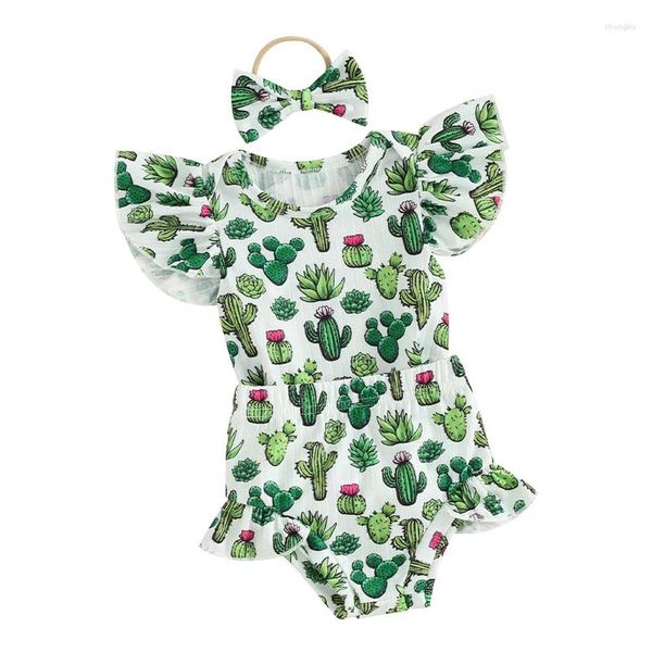 Ensembles de vêtements pour bébé fille, tenue d'été, vêtements Cactus, manches à volants, barboteuse, taille haute, short, bandeau