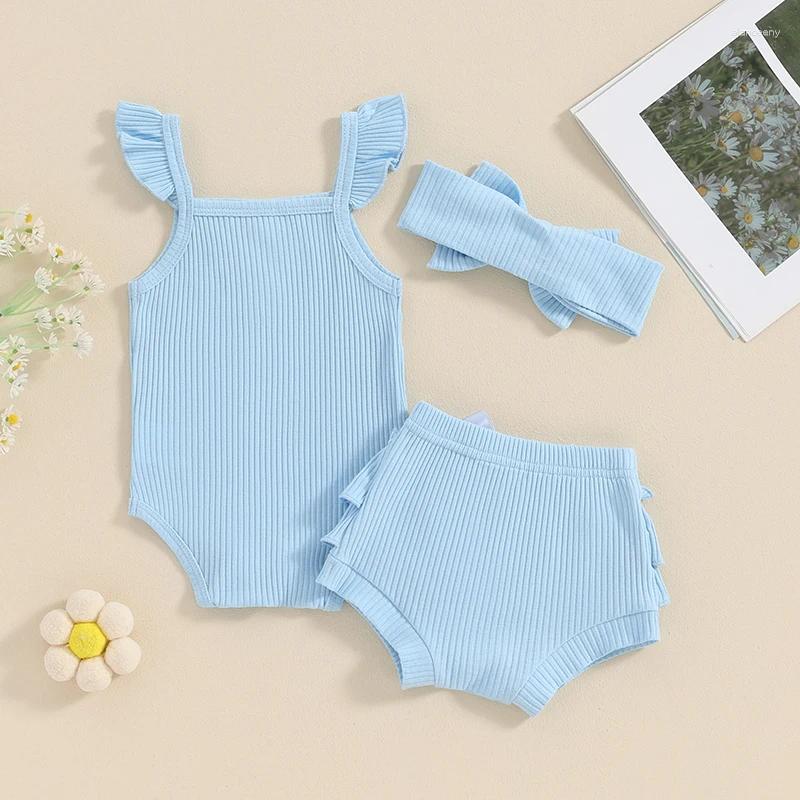 Clothing Sets Born Baby Girl Summer Outfits Solid Color Ribbed Sleeveless Romper Bodysuit Top And Ruffle Shorts Headband Set 3 Piece