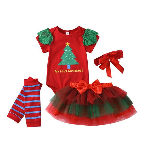 Conjuntos de ropa para bebés nacidos, 4 Uds., ropa con estampado de árbol de Navidad, Tops, faldas con tutú de encaje, diadema de 0 a 24M