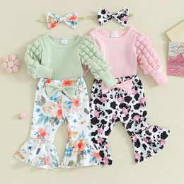 Ensembles de vêtements pour bébés filles, tenue d'automne, barboteuse à manches longues avec imprimé floral de vache, pantalon évasé et bandeau à nœud pour nourrissons