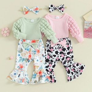 Kledingsets Geboren babymeisjes Herfstoutfit Romper met lange mouwen en koebloemenprint Flare broek en strikhoofdband voor baby