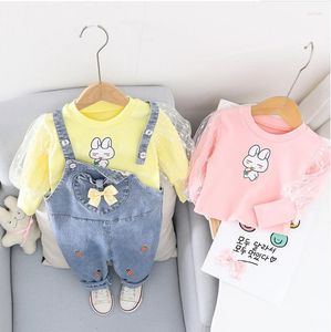 Conjuntos de ropa Ropa para bebés recién nacidos Monos de mezclilla bordados Conjunto Camisas de manga de gasa de algodón 2 piezas Trajes infantiles lindos