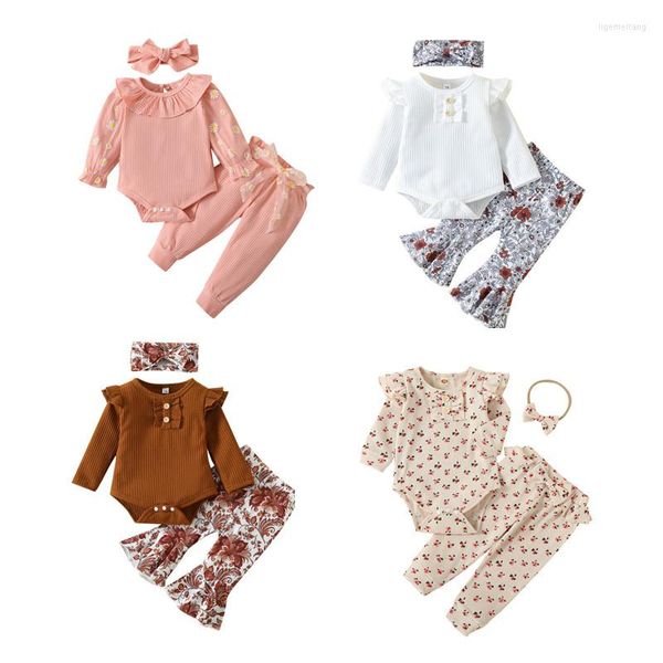 Conjuntos de ropa para bebés recién nacidos, conjunto de pantalones, Otoño Invierno 2023, mono informal de manga larga con estampado de flores, diadema con lazo acampanado