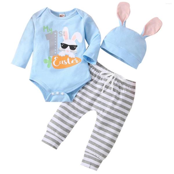 Conjuntos de ropa para bebés recién nacidos, traje de Pascua, mono con estampado de dibujos animados y letras de manga larga con pantalones, sombrero, mamelucos de cumpleaños para bautismo