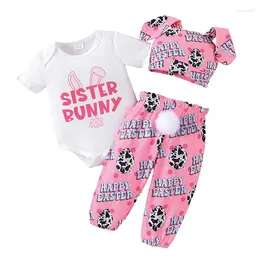 Ensembles de vêtements pour bébés filles, tenues de pâques, 3 pièces, pantalon lapin, manches longues, barboteuse, costume rayé, vêtements de printemps