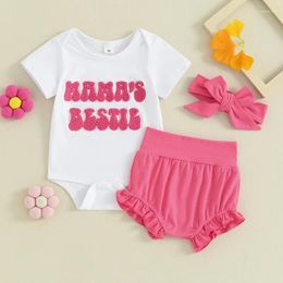 Kledingsets geboren Baby Girls Letter Borduurbroek shorts 3 stcs zomeroutfits korte mouw rompers en ruches suit