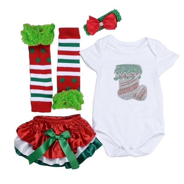 Conjuntos de ropa para bebés recién nacidos Trajes Ropa Navidad Calcetines de Navidad Diamantes de imitación Apliques Mono BodyPantsHeadbandshoe 4PCS Set 220915