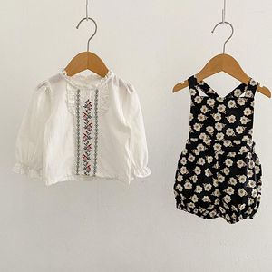 Conjuntos de ropa Conjunto de niñas nacidas Camisa bordada de manga larga Tirantes estampados Primavera Otoño Ropa para niñas pequeñas Traje