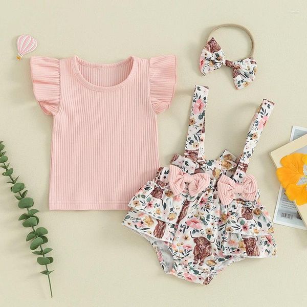 Ensembles de vêtements Born Baby Girls Short Sheve T-shirts avec suspension à imprimé à fleurs et tête de bande les tenues d'été