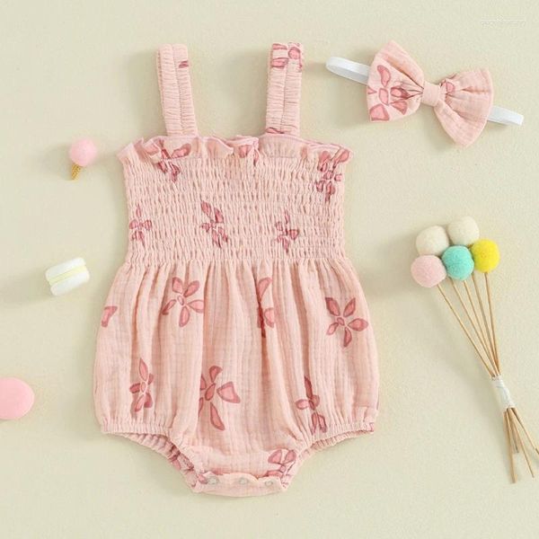 Conjuntos de ropa Baby Baby Girls Maneveless Floral Rompper con diadema 2 PCS Traje para niños pequeños Summer Sweet Pink Linen Jumpsuits