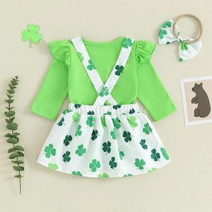 Conjuntos de ropa Born Baby Girls St Patricks Day Trajes de manga larga con volantes Romper Bear Clover Print Suspender Falda Ropa de verano