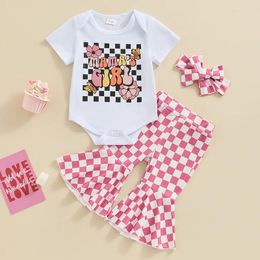 Kledingsets geboren babymeisjes zomer 3 stks witte korte mouw romper tops dambord print wijd uitlopende broek hoofdband