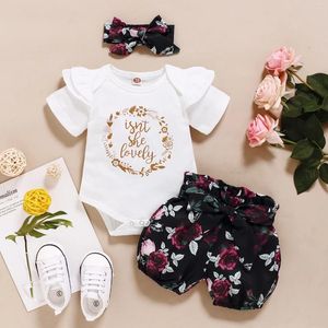 Kledingsets geboren Baby Girls Summer Deset Set korte mouw Romper bloemen shorts met Bowknot-hoofdband 3 stks outfits voor 0-18 maanden