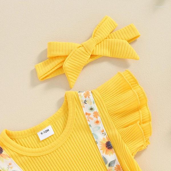 Conjuntos de ropa Born Baby Girls Girasol Ruffle Romper Capas sin respaldo Bowknot Body con diadema