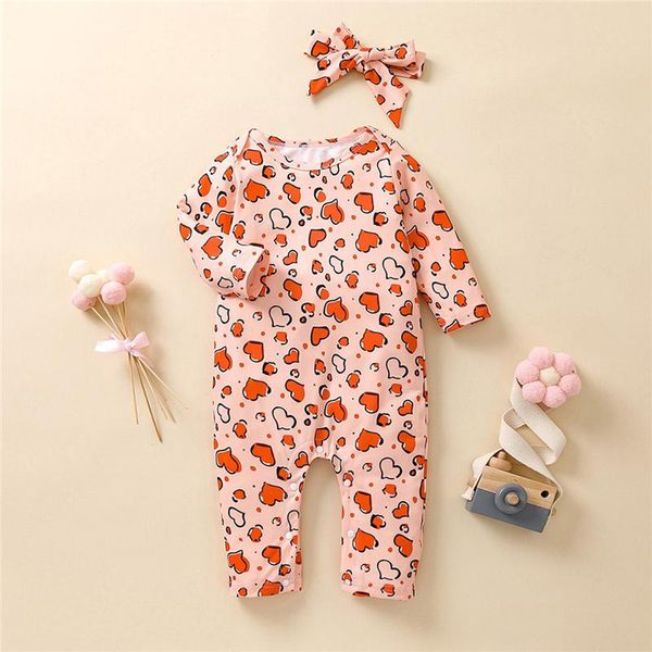 Ensembles de vêtements Born Baby Girls Sweet Cotton Clothes Set, 2Pcs Toddler Pink Heart Imprimé Motif Manches Longues Col Rond Barboteuse Et Coiffe