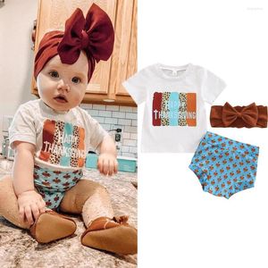 Ensembles de vêtements Né Bébé Filles Thanksgiving Day Vêtements Léopard Lettre Coton T-shirt Turquie Imprimer Shorts Bandeau 3pcs Tenues Décontractées