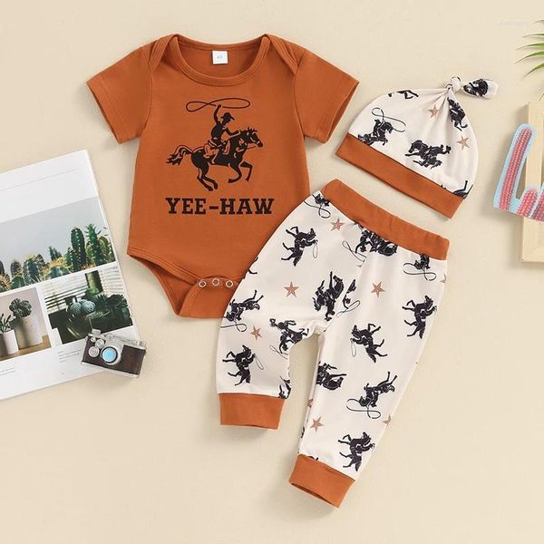 Ensembles de vêtements pour bébés, vêtements d'été pour garçons, lettres imprimées, barboteuse à manches courtes, pantalons longs, chapeau à nœud, tenues pour nourrissons, ensemble 3 pièces