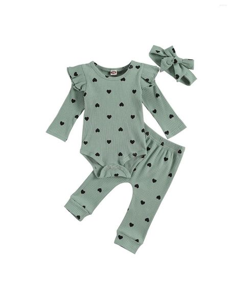 Ensembles de vêtements Born Babys Costume côtelé Fille Garçon Coeur Imprimé Col Ras Du Cou En Dentelle À Manches Longues Haut Pantalon Et Bandeau Costumes 3 Pièces 0-24 Mois