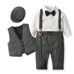 Kledingsets geboren jongen formele kleding set baby gentleman verjaardag romper outfit met hoed vest lange mouw jumpsuit suit 230106