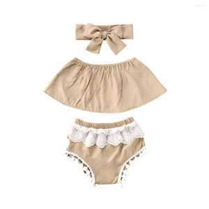 Ensembles de vêtements Born Girls 3 pièces Vêtements d'été sans bretelles à volants Flare Hem Tube Top Dentelle Pompon Ball Bottom Shorts Bandeau Infant Out