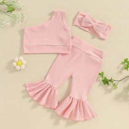 Vêtements Ensembles nés Girls Summer Tenues d'été One épaule Tops côtelés Pantalons de la taille élastique 3D Bow Band Band Bandle Toddler 3 Piece