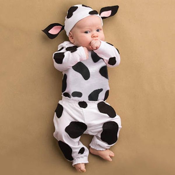 Ensembles de vêtements Né Infantile Bébé Garçons Filles Vêtements Ensemble À Manches Longues Dessin Animé Costumes Laitiers Vache Imprimé T-Shirt + Pantalon Chapeau Tenues 3PCS Vente