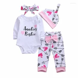 Conjuntos de ropa Born Baby Girl Clothen 4 PCS Set de manga larga Tops Bodysuit Pantalones Boquero Sombrero de banda para la cabeza