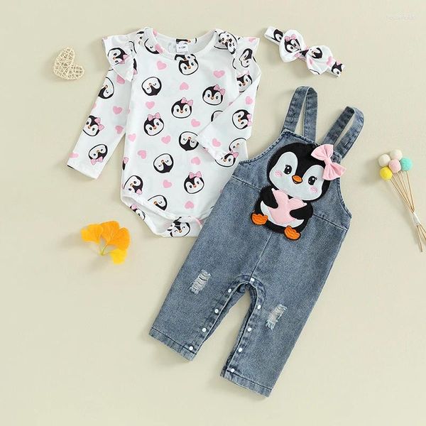 Conjuntos de ropa Born Infant Baby Girl Ropa Penguin Print Mameluco de manga larga con pantalones de mezclilla en general Diadema 3 piezas Trajes de otoño